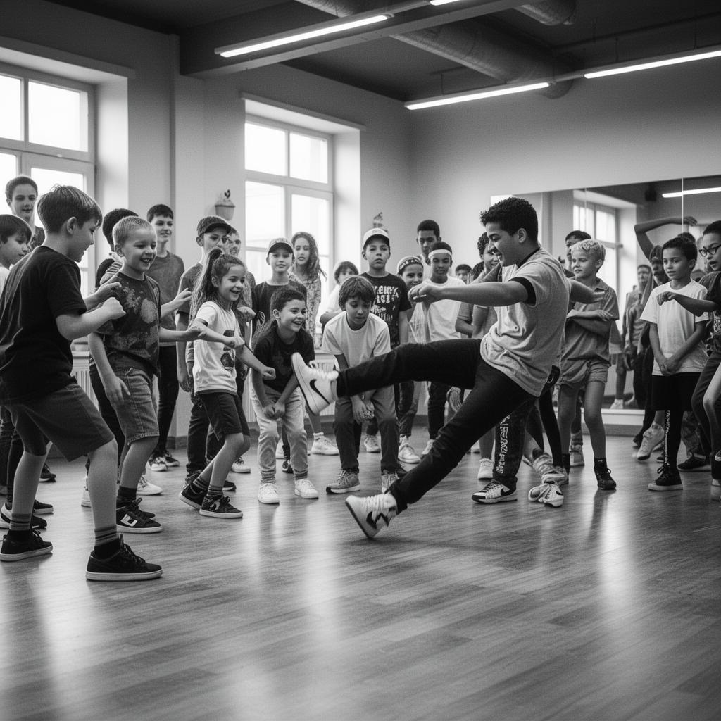 Young students learning breakdance with Mr. Wolf